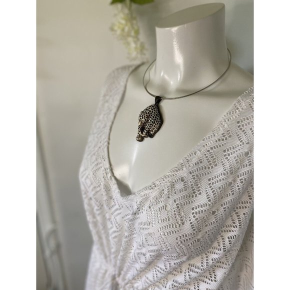 Tahiti Crochet Swim Cover Up Womens White V Neck Boho Dress XL Adjust Waist VTG - Picture 7 of 16